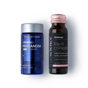Two supplement bottles: blue Protandim capsule jar and black liquid collagen bottle with pink cap.