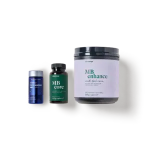 Three supplement containers on white: blue, green MB Core, and lavender MB Enchance jar.