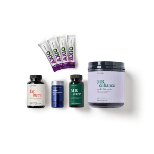 Assorted health supplement bottles and packets arranged on a white background