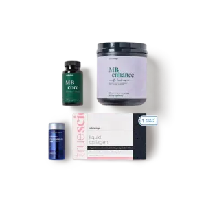 Assorted skincare products and supplement containers on a white background