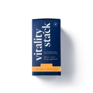 Blue Vitality Stack supplement box with orange band on a white background