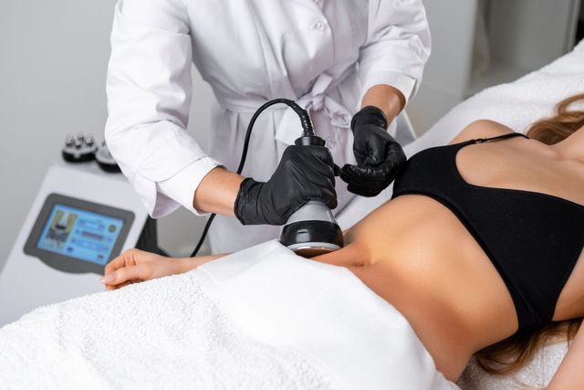 Clinician using handheld treatment device on a patient’s abdomen in a spa clinic