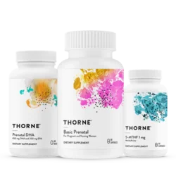 Three Thorne supplement bottles on a white background with colorful splashes on the labels
