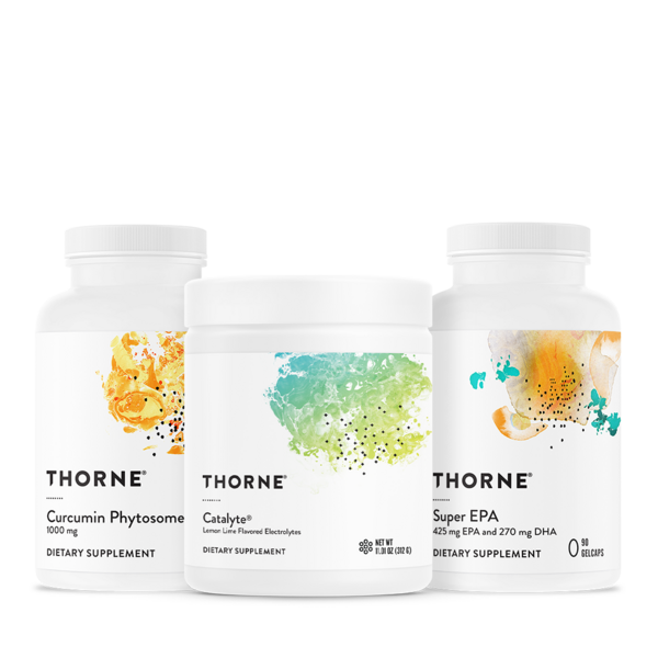Three Thorne dietary supplement bottles on a white background with green and orange abstract labels