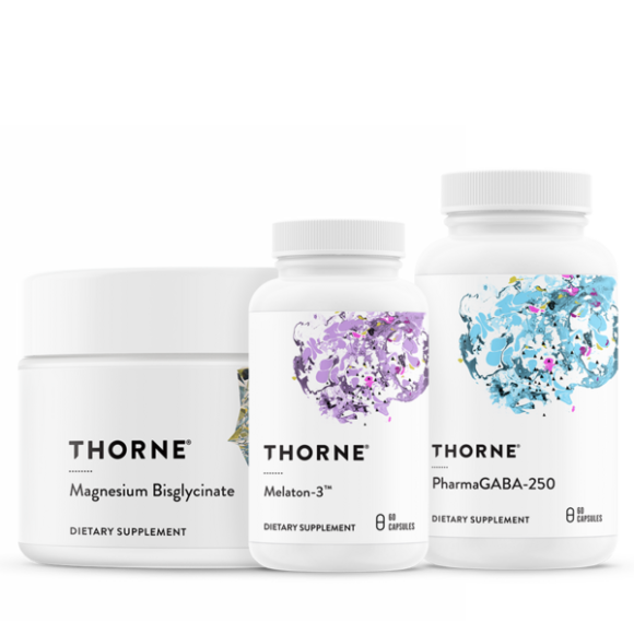 Three Thorne supplement bottles: Magnesium Bisglycinate, Melatonin-3, and PharmaGABA-250.