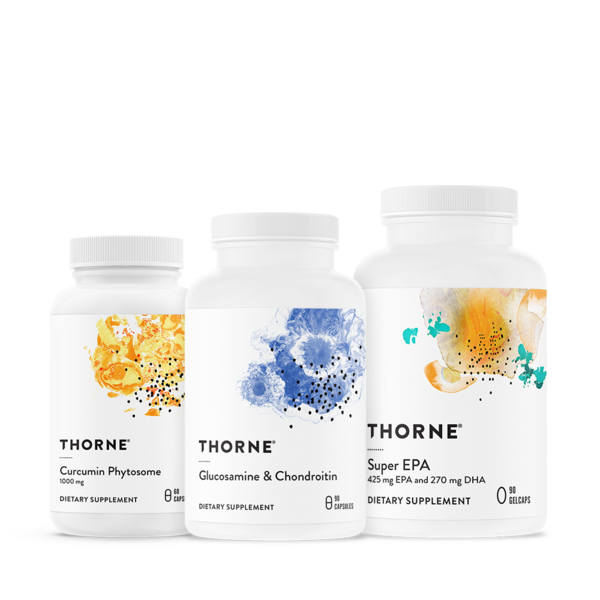 Three white Thorne supplement bottles with colorful abstract accents on a white background