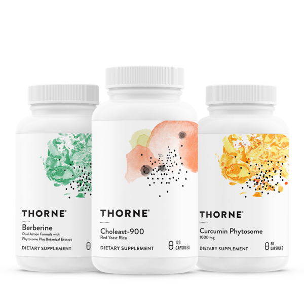 Three Thorne supplement bottles with white labels and green, peach, and yellow abstract designs.