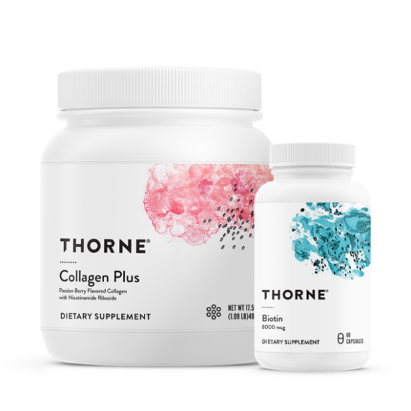 Two Thorne supplement bottles: Collagen Plus and Biotin, in white with pink and blue labels.