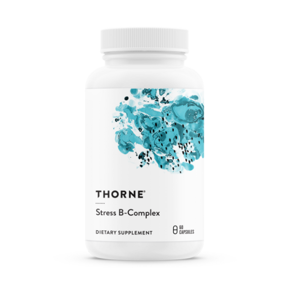 Thorne Stress B-Complex dietary supplement bottle with white label and teal abstract design