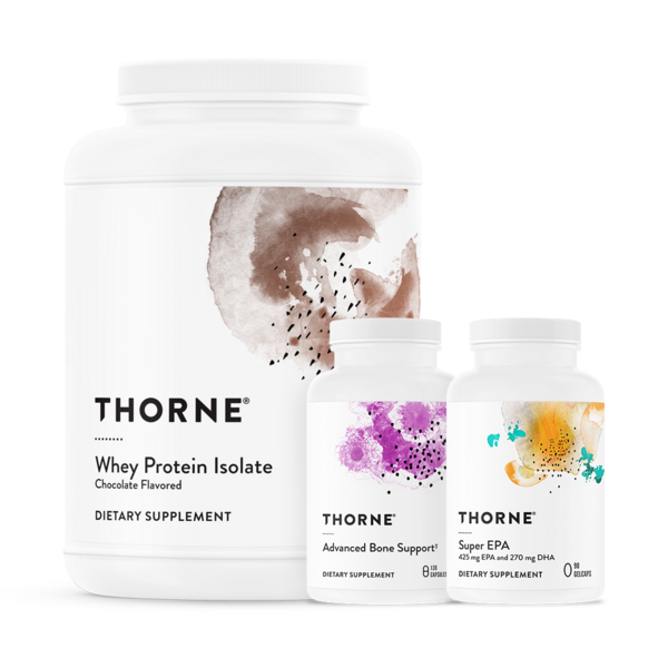 Thorne supplement bottles: white whey protein isolate, amino acid support, and super EPA with colorful labels