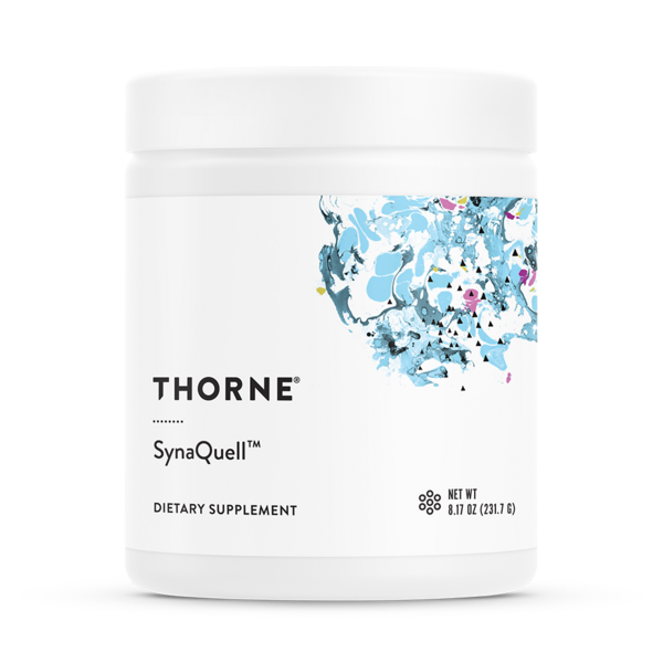 Thorne SynaQuell dietary supplement jar with white label and blue floral design
