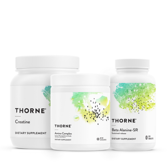 Three Thorne supplement bottles on a white background: Creatine, Amino Complex, and Beta Alanine-SR.