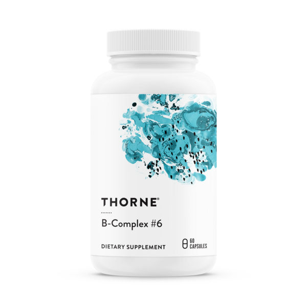 Thorne B-Complex #6 dietary supplement bottle with white label and blue abstract design