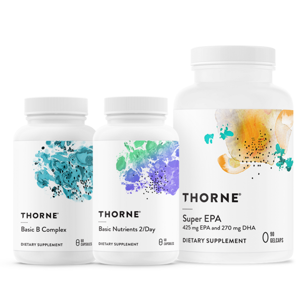 Three Thorne dietary supplement bottles with teal, purple, and orange abstract labels on white background