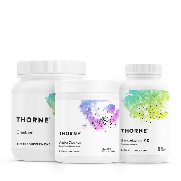 Thorne supplement bottles: creatine, amino complex, and beta alanine-SR on white background
