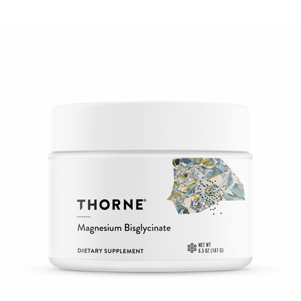 Thorne Magnesium Bisglycinate dietary supplement jar, white label with marble accent