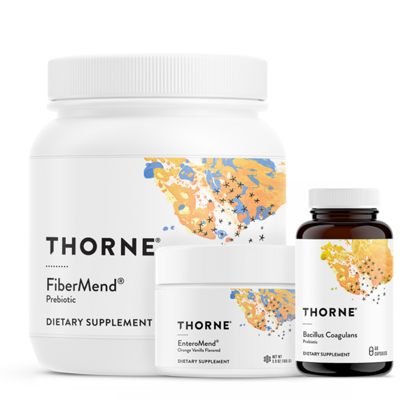 Thorne supplement containers: large white FiberMend jar, white canister, and small brown bottle with orange floral design