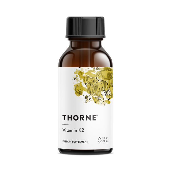 Thorne Vitamin K2 supplement bottle with amber glass and white label