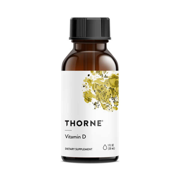 Thorne Vitamin D supplement bottle with black cap and white label on a white background