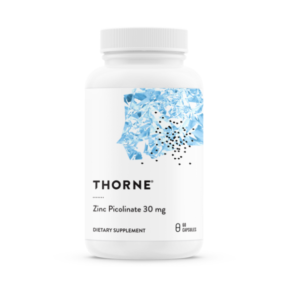 Thorne Zinc Picolinate 30 mg dietary supplement bottle with blue geometric label design