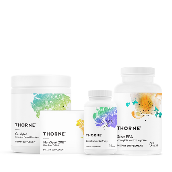 Three Thorne supplement jars on a white background, including Creatine, FloraSport 20B, and Super EPA.