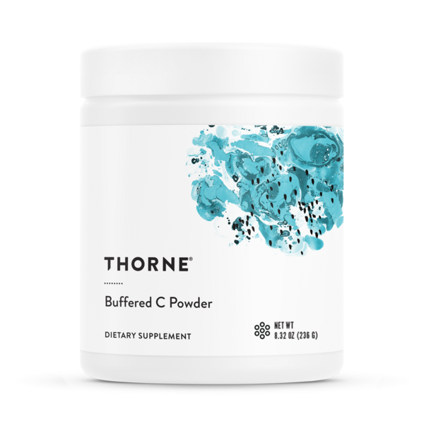 Thorne Buffered C Powder supplement jar with white label and blue splash design