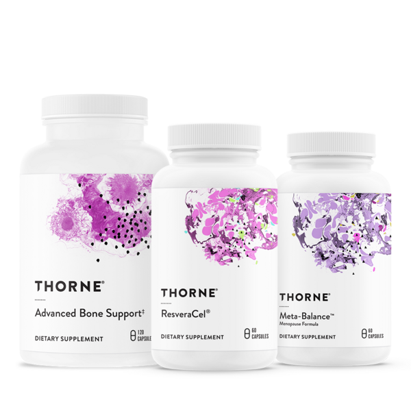 Three Thorne dietary supplement bottles with purple floral designs on white labels