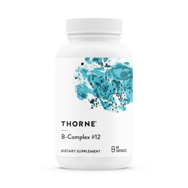 Thorne B-Complex #12 dietary supplement bottle with white label and blue abstract design