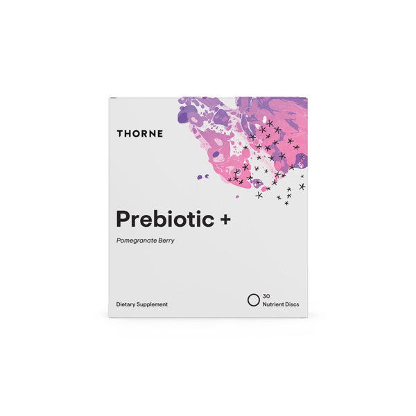 Thorne Prebiotic+ dietary supplement box with pink and purple floral design on a white background