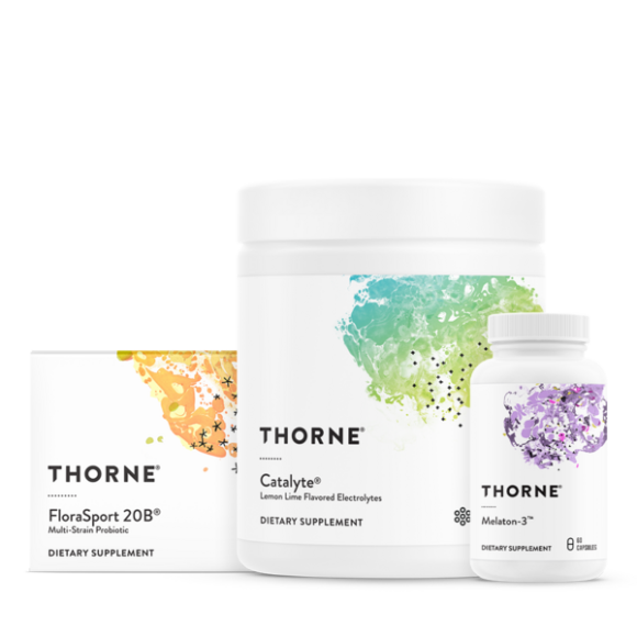 Thorne supplement bottles and boxes in white packaging with orange, green, and purple accents