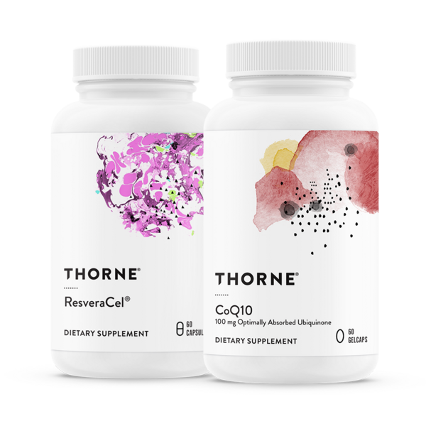 Two Thorne supplement bottles, Resveratrol and CoQ10, with floral artwork on white labels