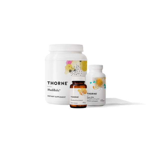 Thorne supplement bottles on a white background, including a large white bottle and two smaller jars