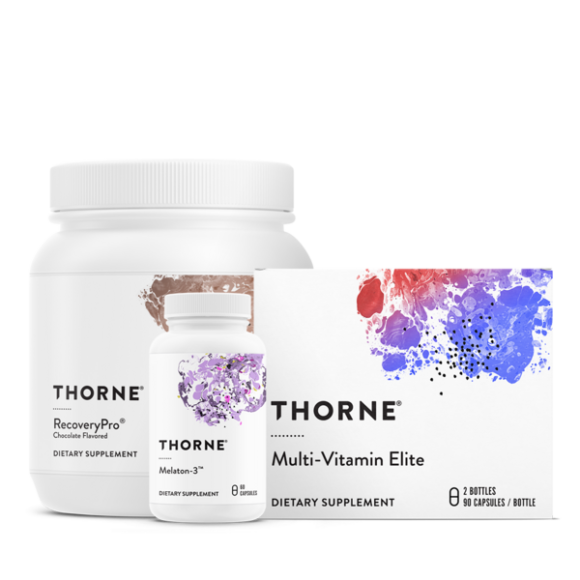 Thorne supplements: white bottle and box for RecoveryPro+ and Multi-Vitamin Elite with purple-blue graphics