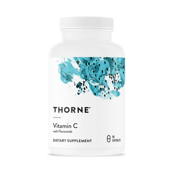 Thorne Vitamin C with Flavonoids supplement bottle with blue abstract label