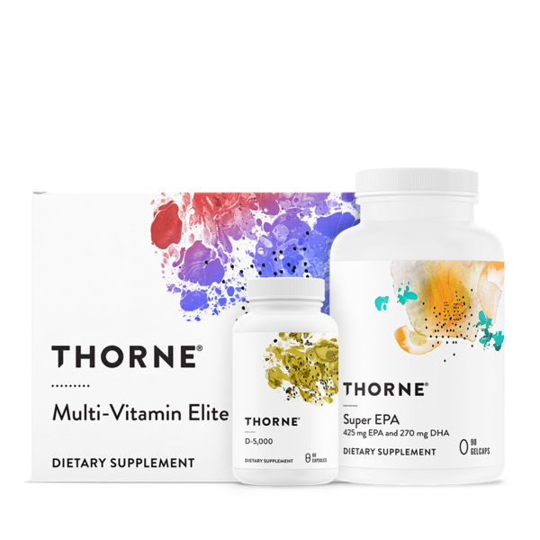 Thorne supplement bottles and box for Multi-Vitamin Elite and Super EPA with colorful abstract design