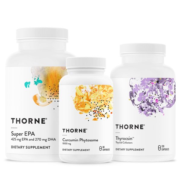 Three Thorne dietary supplement bottles in white, with orange and purple label accents