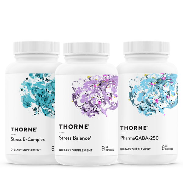 Three Thorne dietary supplement bottles: Stress B-Complex, Stress Balance, and PharmaGABA-250 with blue and purple labels