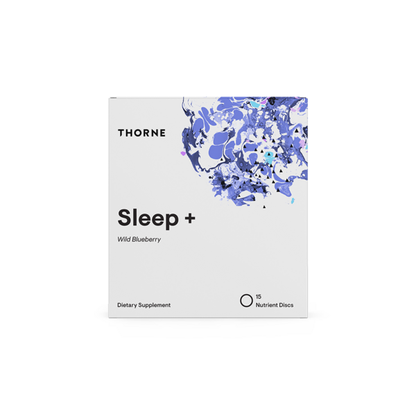 Thorne Sleep+ dietary supplement box with blue floral design on a white background