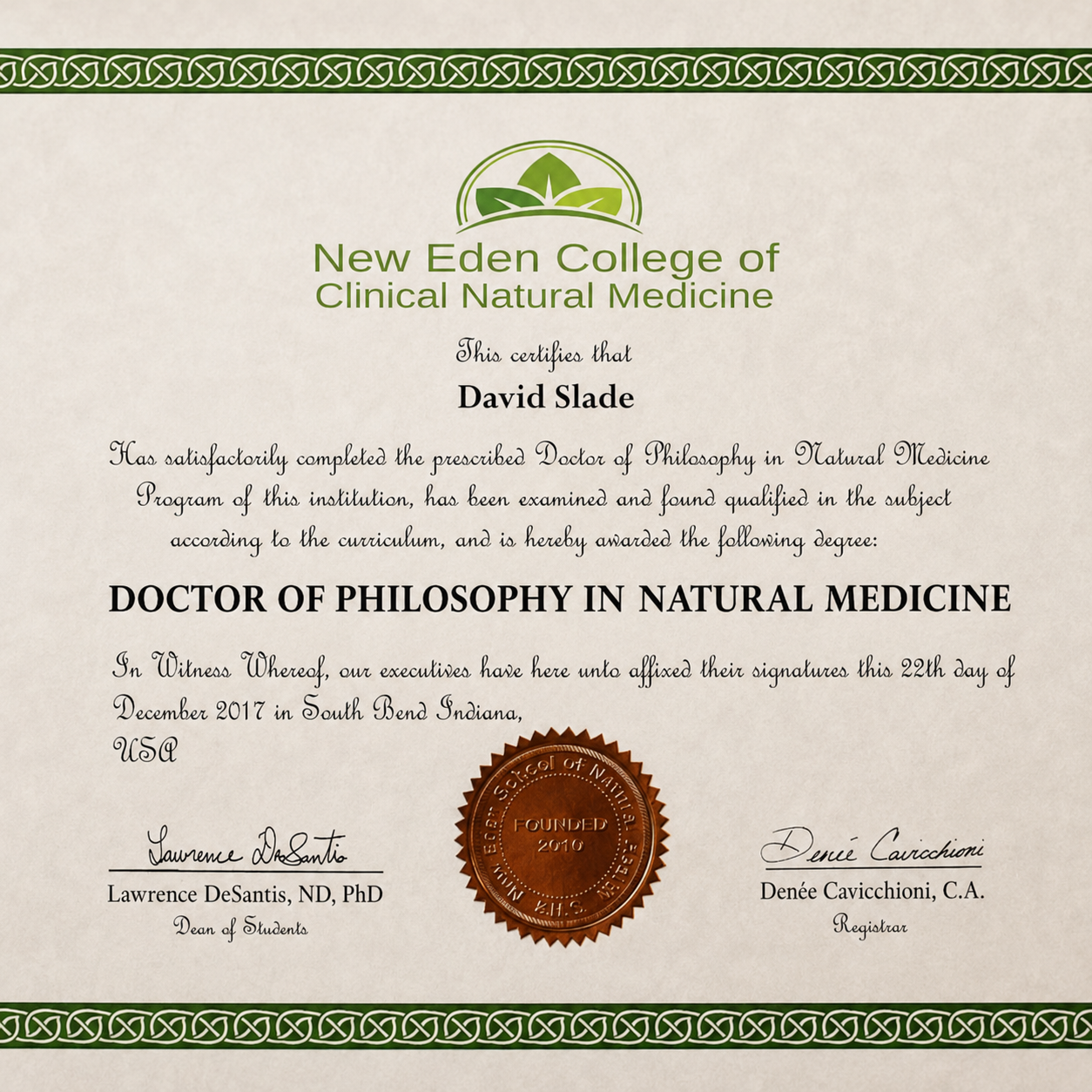 Doctor of Philosophy in Natural Medicine diploma from New Eden College, cream paper with green border and seal