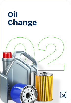 Oil change supplies: oil container and filters, text "Oil Change" with the number "02". | Cain's Auto Shop
