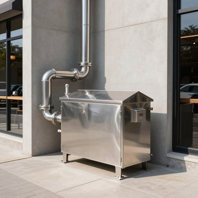Stainless steel outdoor utility box beside a building wall with metal pipes and a sidewalk.