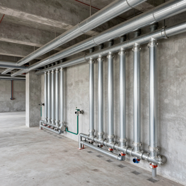 Concrete utility room with exposed silver pipes and valves along the wall and ceiling