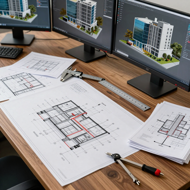 Architectural plans spread across a desk with dual monitors showing 3D building renders and drafting tools.