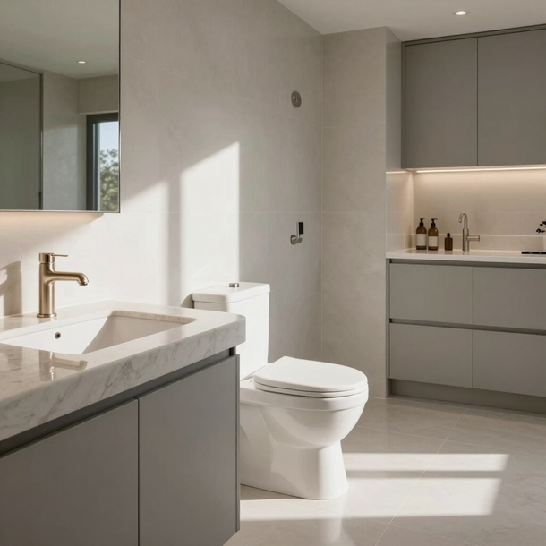 Modern minimalist bathroom with gray vanity, white sink, toilet, and sunlight on tiled floor