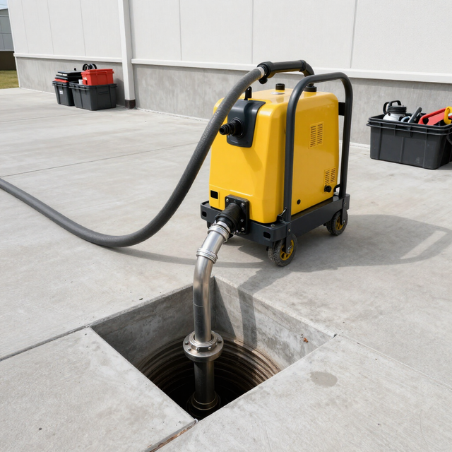 Yellow industrial vacuum hose inserted into a floor drain in a warehouse setting.