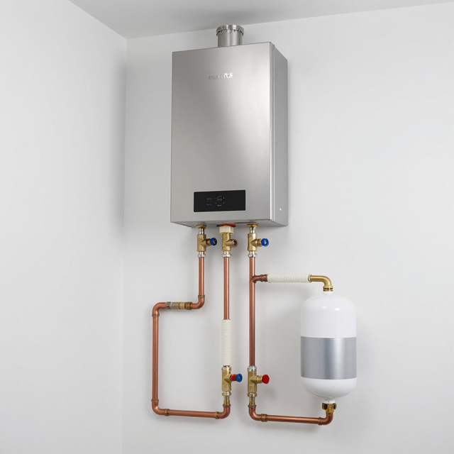 Wall-mounted boiler with copper pipes and a white expansion tank in a corner of a white room