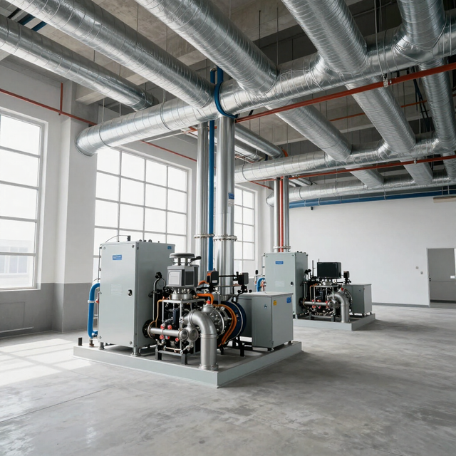 Industrial machinery in a bright factory room with exposed ductwork and concrete floors