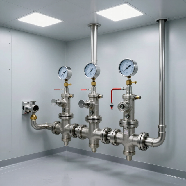 Industrial piping system with gauges and valves in a clean white mechanical room