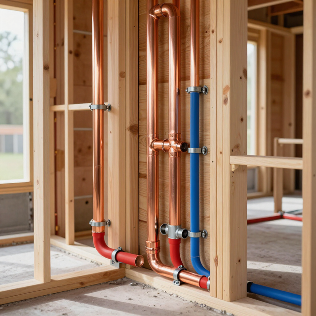 Copper and blue plumbing pipes installed inside a framed house under construction.