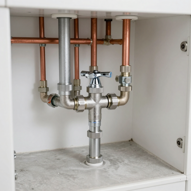 Under-sink plumbing with copper pipes, valves, and a gray drain assembly inside a cabinet